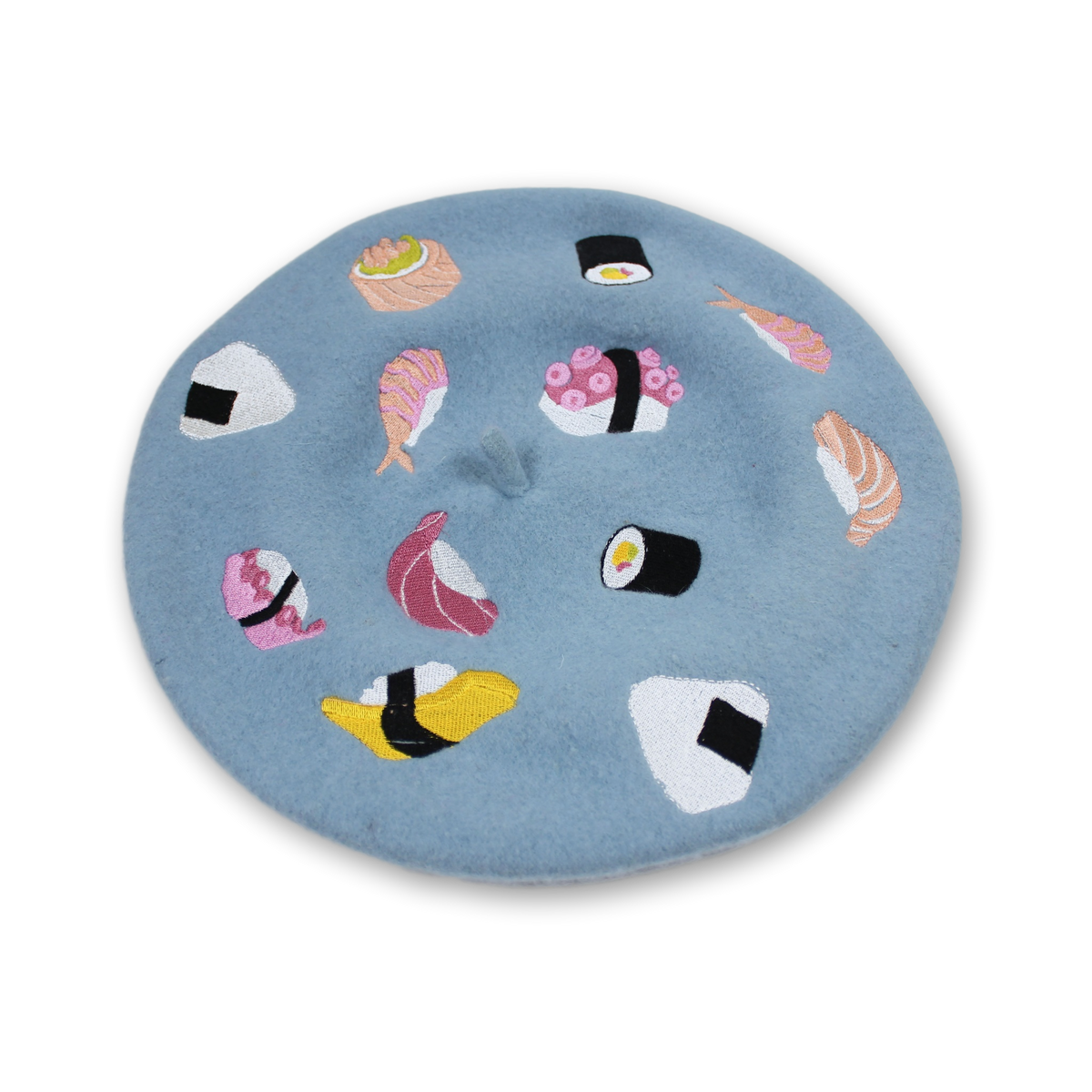 Elleni the Label Light Blue Wool Sushi Embroidered Beret Hat Kawaii Novelty NWT SAKURA Cherry Blossom Embroidered Wool Beret | Mochi La Vie  main image 3