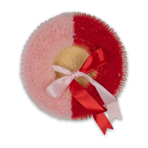 Rococo Ruffle Straw Hat in Colour Block: Red&Pink (Small)